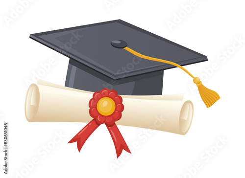 Gray graduation cap with tassel and diploma scroll. Traditional graduation ceremony symbols: certificate with ribbon and academic hat. Vector illustration.