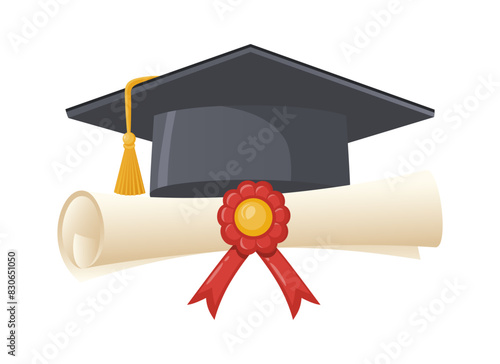 Graduation cap and diploma scroll. Traditional graduation ceremony symbols: certificate with ribbon and academic hat. Vector illustration.