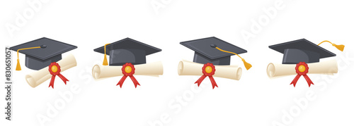 Collection of academic graduation caps and diploma scrolls in different positions on a white background. Traditional graduation ceremony symbols: diploma with ribbon and academic hat.