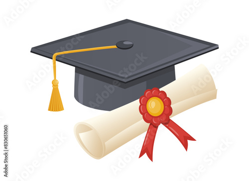 Gray Graduation cap and diploma scroll on a white background. Traditional graduation ceremony symbols: certificate with ribbon and academic hat. Vector illustration.