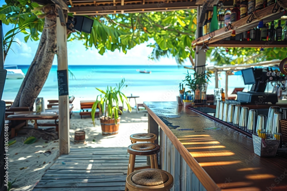 Tropical beach bar with ocean view on a sunny day. Empty bar counter and stools under lush greenery, overlooking the clear blue sea. Perfect spot for relaxing and enjoying the summer vibes.