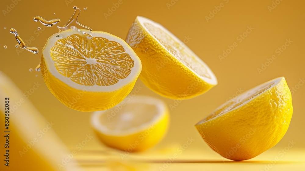 Slices of a single lemon levitating in a professional studio setting.