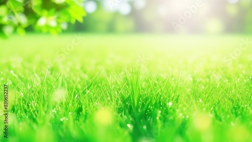 Beautiful natural background macro image of young juicy green grass in bright summer spring morning sunlight.