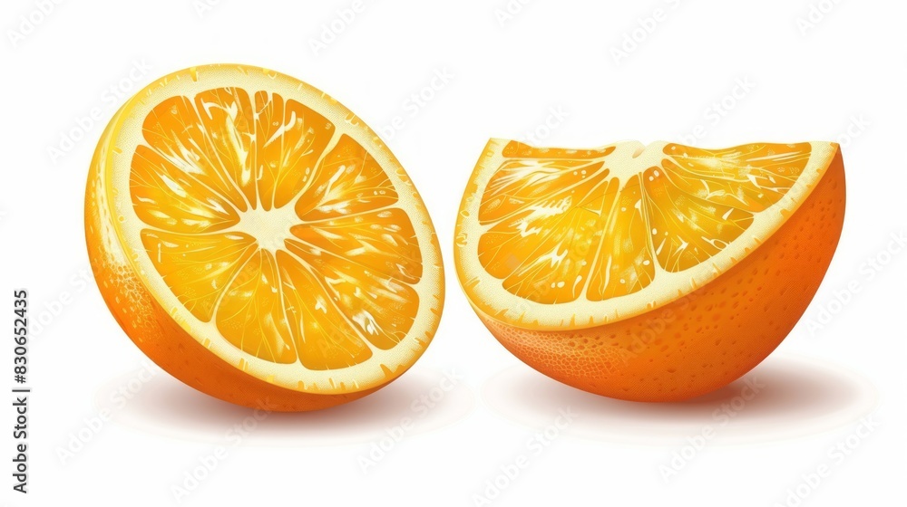 Fototapeta premium Fresh orange citrus fruits isolated on white background featuring two whole oranges, one cut in half, and one orange slice perfect for healthy diet and nutrition concepts