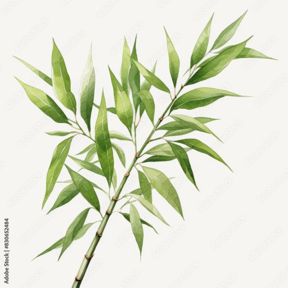 Obraz premium A watercolor painting of a bamboo plant. The leaves are a deep green color, and the stalk is a light brown color. The plant is growing in a vase filled with water.