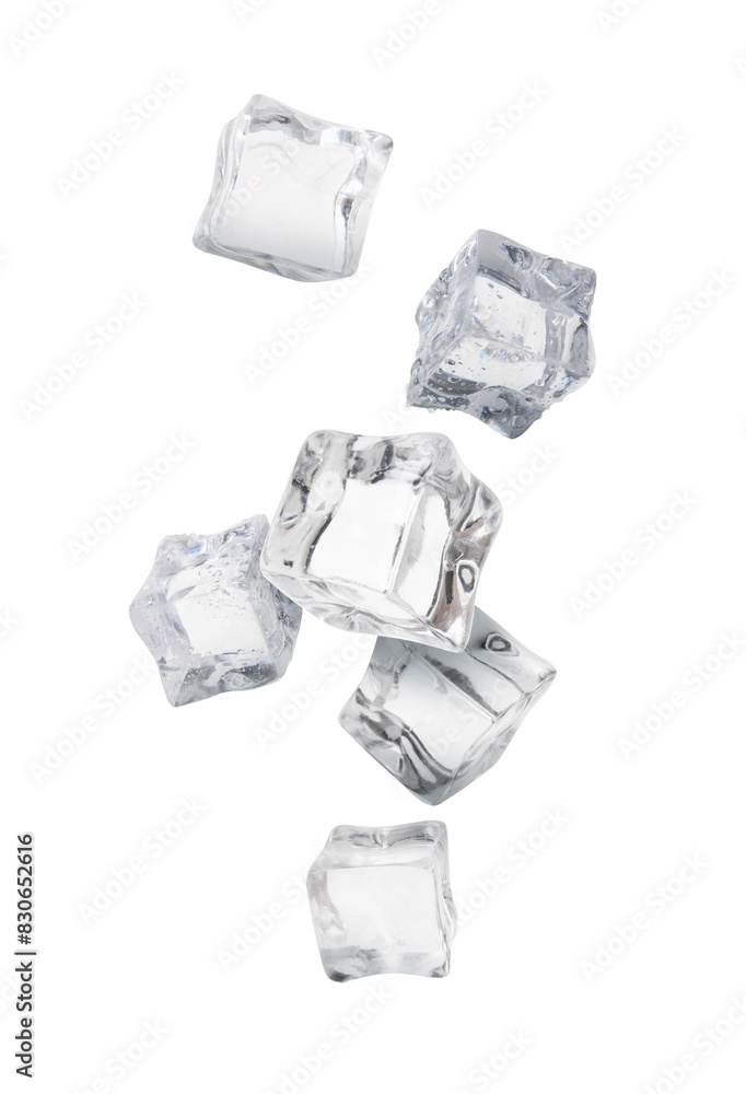 Many ice cubes in air on white background Many ice cubes in air on white background