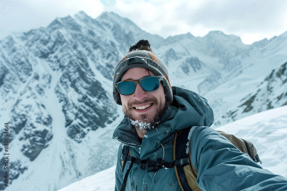 Young man with frosty beard taking a selfie in snowy mountains. Young man with frosty beard taking a selfie in snowy mountains.