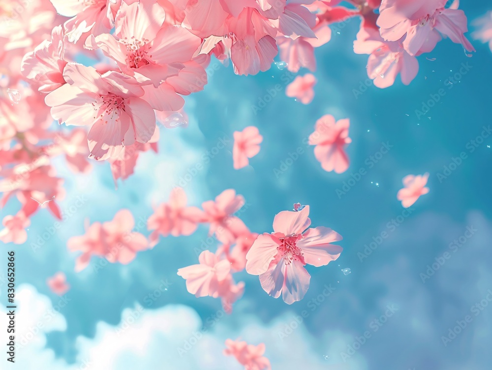 Delicate pastel pink flowers floating gracefully against a vivid blue sky, forming an enchanting summer scene with a dreamy, ethereal quality, perfect for a serene and refreshing wallpaper Delicate pastel pink flowers floating gracefully against a vivid blue sky, forming an enchanting summer scene with a dreamy, ethereal quality, perfect for a serene and refreshing wallpaper