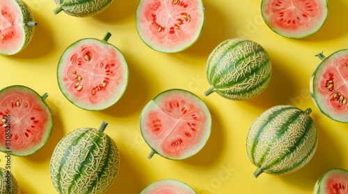 Summer fruits and melons, Colorful overhead food photography. Watermelon wedges, cantaloupe cubes, and honeydew slices.
