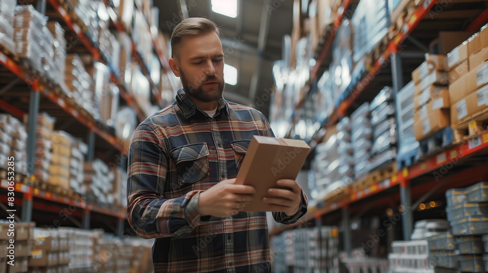 Warehouse Worker Checking Inventory in Modern Distribution Center – High-Quality Stock Photo Warehouse Worker Checking Inventory in Modern Distribution Center – High-Quality Stock Photo
