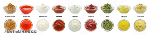 Cuadro en lienzo Set of different sauces in bowls and names isolated on white, top and side views