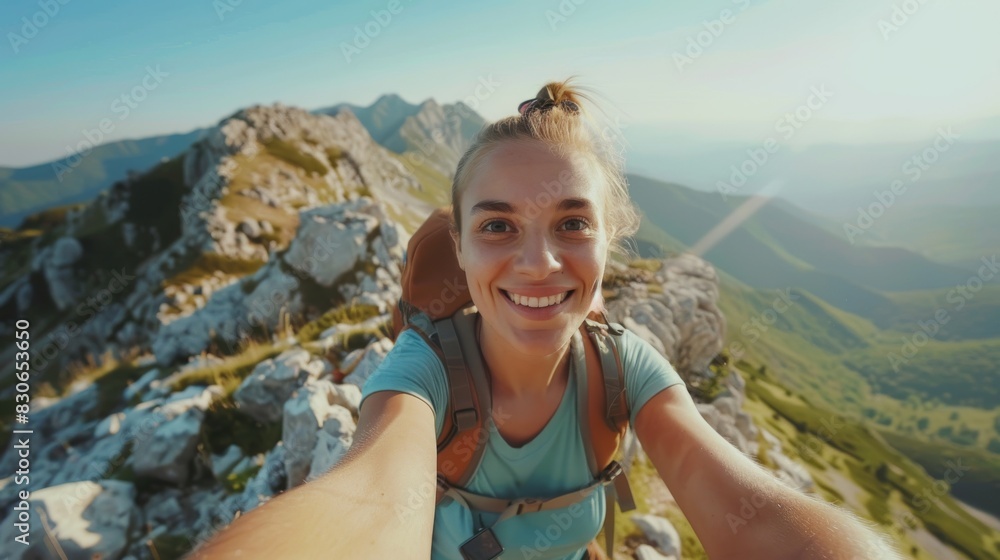 Naklejka premium Thrilling mountain summit selfie: Social media influencer celebrates. Breathtaking mountain scenery, panoramic views, and diverse landscapes.