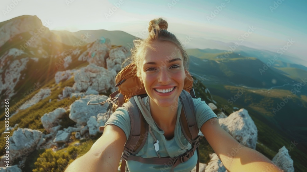 Thrilling mountain summit selfie: Social media influencer celebrates. Breathtaking mountain scenery, panoramic views, and diverse landscapes. Thrilling mountain summit selfie: Social media influencer celebrates. Breathtaking mountain scenery, panoramic views, and diverse landscapes.