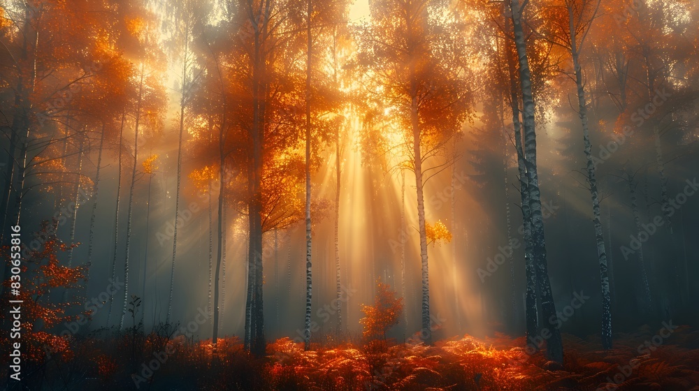 First Rays of Sunrise Ethereally Illuminating a Tranquil Fall Forest