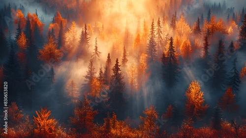 First Rays of Sunrise Ethereally Illuminate Autumn Forest