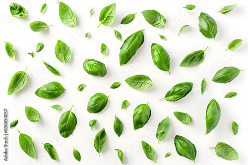 Fresh basil leaves isolated on white background, arranged in a scattered pattern