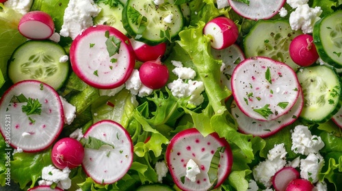 Fresh green leafy vegetable salad with romaine lettuce, cottage cheese, and yogurt - vibrant mix of radish and cucumber, top view for healthy eating concept © Ashi