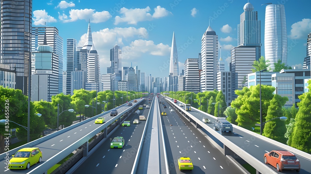 Fototapeta premium 3D Cartoon City with Cars, Trains, and Skyscrapers