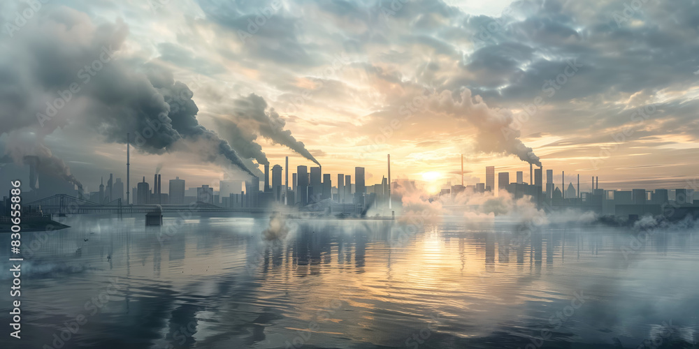 Naklejka premium A smoky cityscape with polluted skies and a sunset reflected in water, depicting environmental degradation