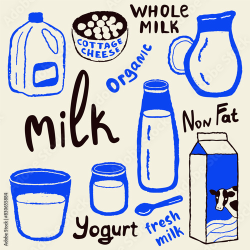 Dairy doodle vector illustration set. Milk package and utensils drawings.