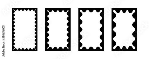Cloudy wave curve edge frame. Wavy scalloped rectangle borders set. Doodle drawn rectangle picture frame. Empty text box. Funky zigzag design element. Vector illustration isolated on white background.