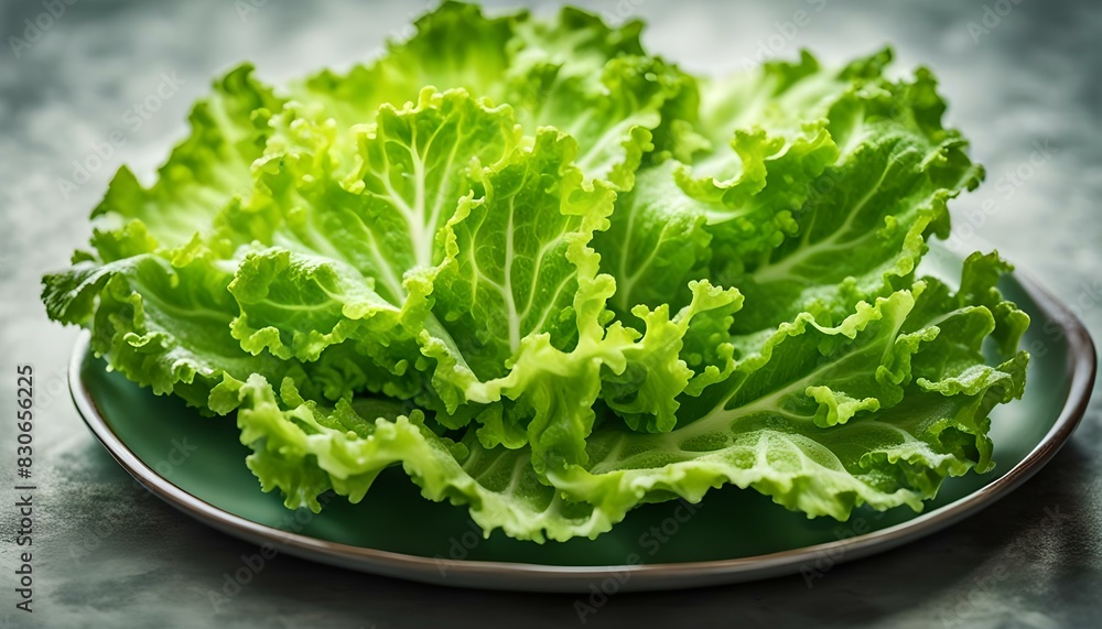 Raw Green Leaf Lettuce on a Plate, low angle view. Close-up.
Raw Green Leaf Lettuce on a Plate, low angle view. Close-up.
