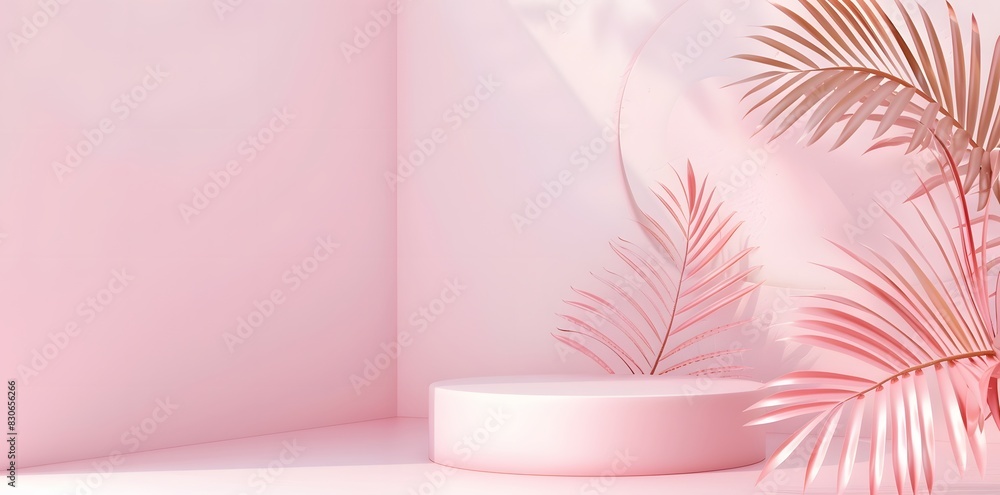 3D Render of Pink Geometric Shape and Palm Leaf on Pastel Wall 3D Render of Pink Geometric Shape and Palm Leaf on Pastel Wall