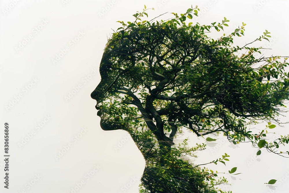 Double exposure of a tree and woman head silhouette. A silhouette of an adult female head filled with lush green tree branches against a white background. Mother nature. Foliage