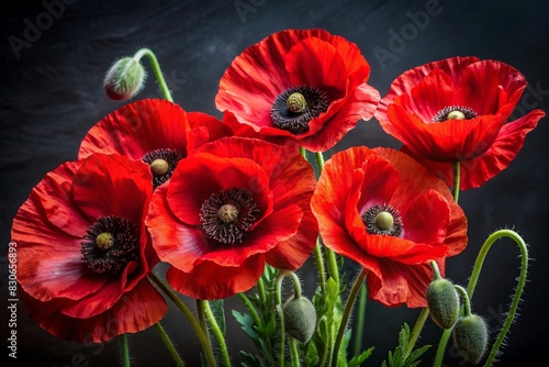 Close-up. Bright red poppy flowers on a dark background. photo