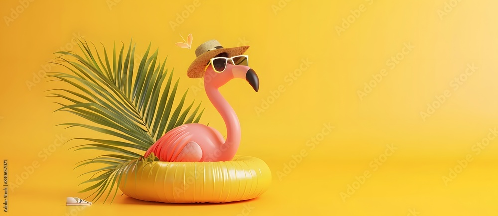 Obraz premium 3D render cute flamingo with sunglasses and hat on inflatable ring