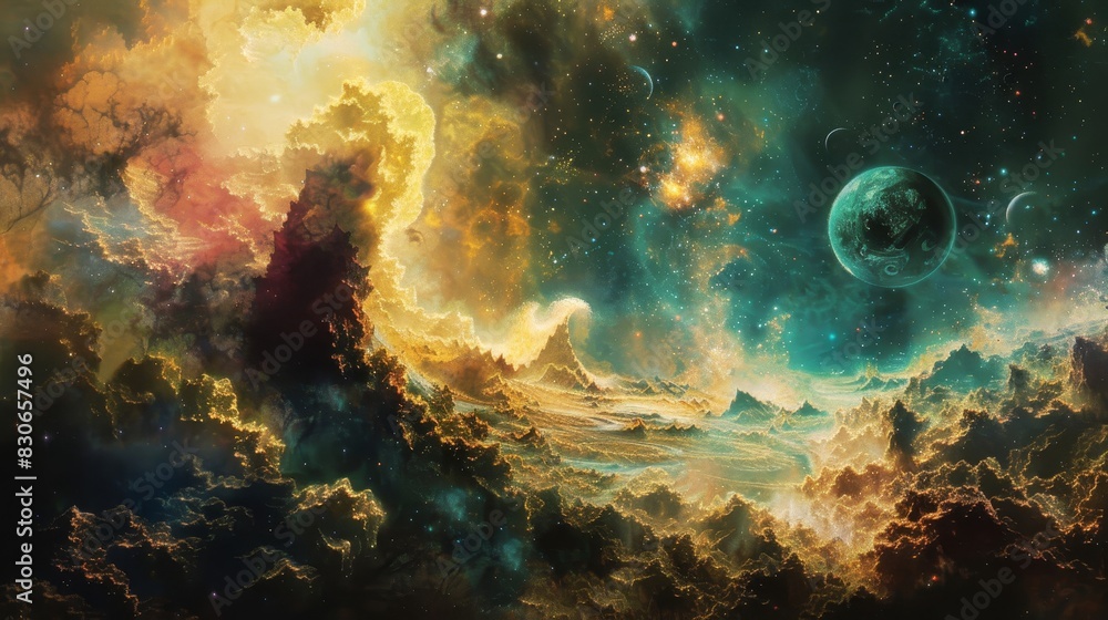 Fototapeta premium Celestial bodies and nebulous shapes form otherworldly landscape background