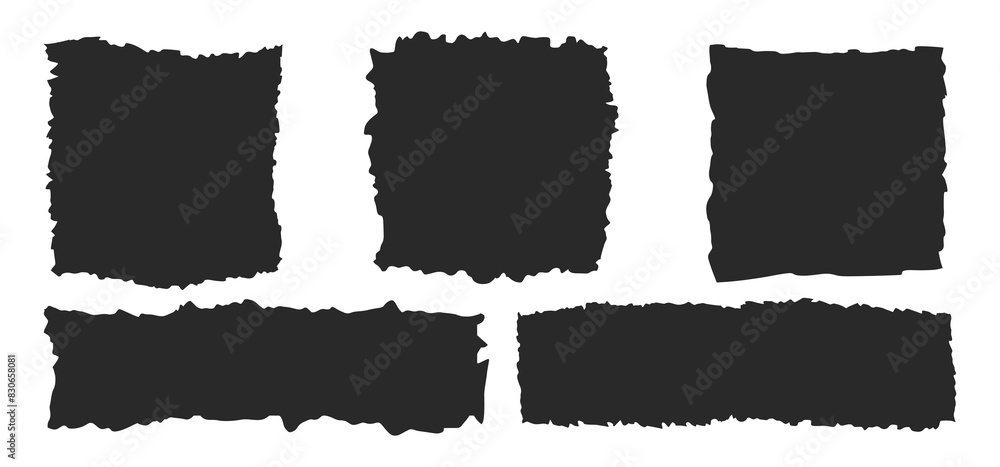 Jagged torn paper set. Black shape ripper and strip. Texture grunge element collection. Vector illustration Jagged torn paper set. Black shape ripper and strip. Texture grunge element collection. Vector illustration