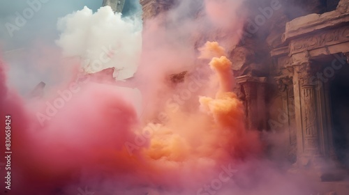 Colored Smoke Wrapping Around Ancient Ruins