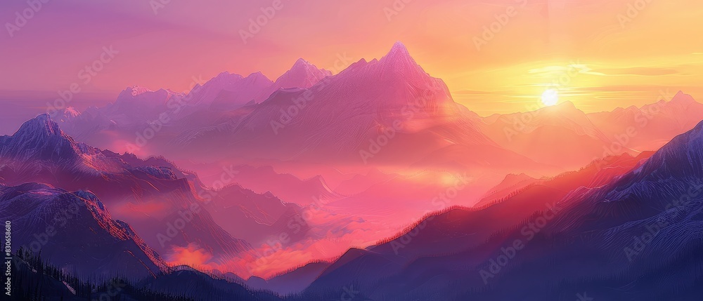 A dramatic view of mountains illuminated by the rising sun, casting pink and purple shadows.