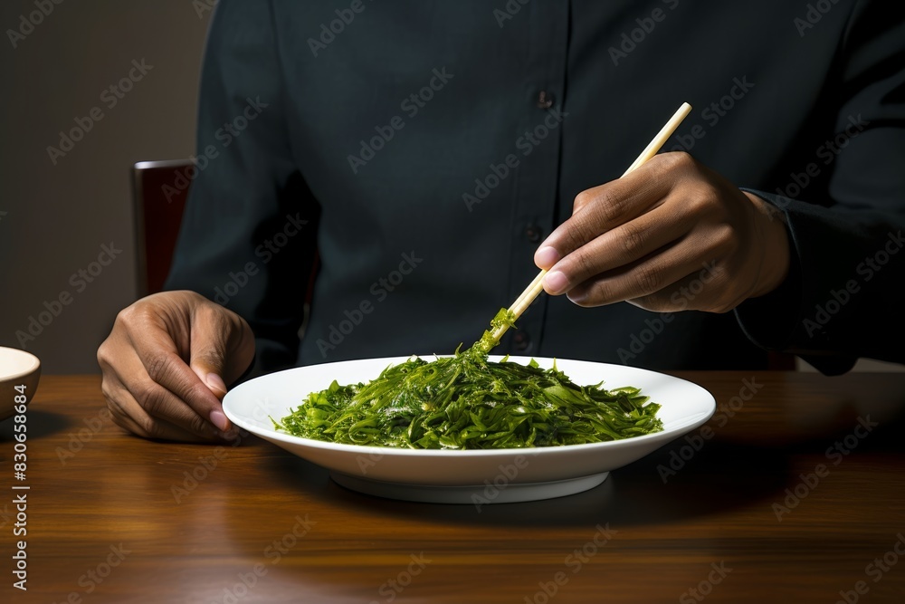 A person eating a kelp salad with chopsticks at a dining table A person eating a kelp salad with chopsticks at a dining table
