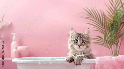 Cute cat taking a bath in a tub, isolated background. photo