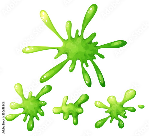Set of Liquid green slime in cartoon style. Fluid mucus drip, splatter or splash isolated on white background. Sticky dribble down, toxic blot. Vector illustration