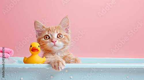 Cat taking a bath in a tub with a yellow rubber duck, on isolated color background with copy space.