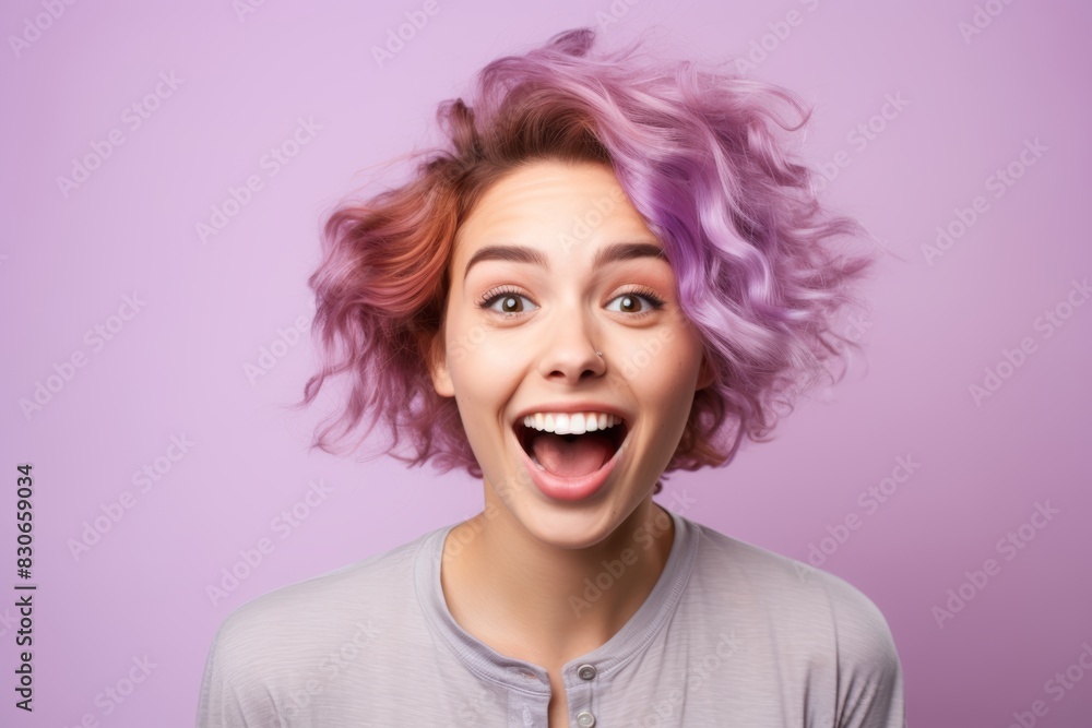A playful young woman, aged 20 and older, with a tempting gaze on a light purple background A playful young woman, aged 20 and older, with a tempting gaze on a light purple background