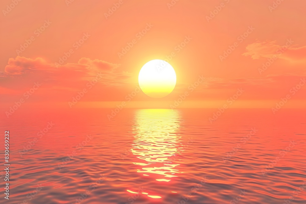 3D Rendering of Red Sunset over Sea with Big Sun in Sky 3D Rendering of Red Sunset over Sea with Big Sun in Sky