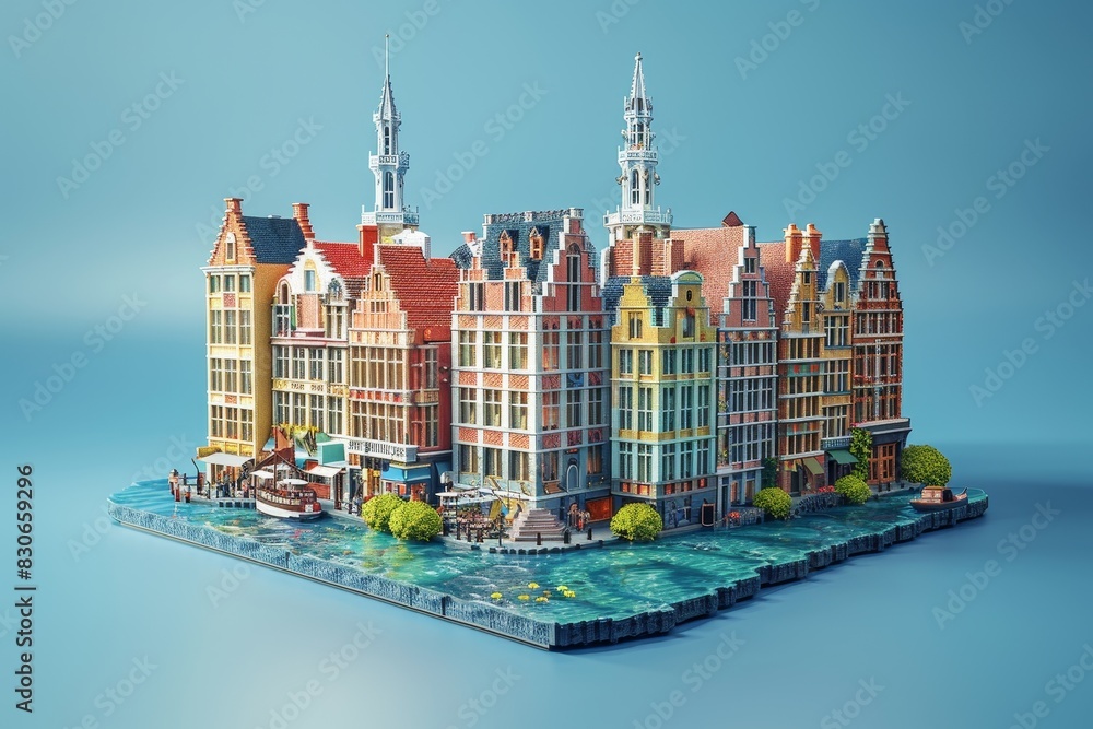 Fototapeta premium Isometric 3D Brussels render highlights city's charm, landmarks, and vibe, set against solid denim backdrop