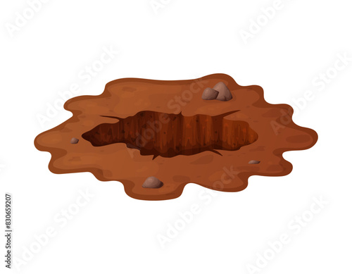 Ground pit hole in cartoon with stones and soil. Dirty brown underground dig or mine, burrow, pile. Vector illustration isolated on white background