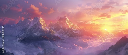 A dramatic view of mountains illuminated by the rising sun  casting pink and purple shadows.