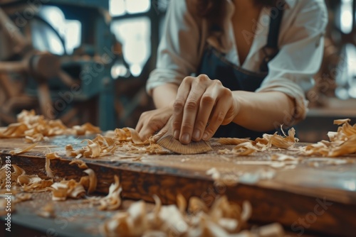 Close-up of unrecognizable woman working with wood