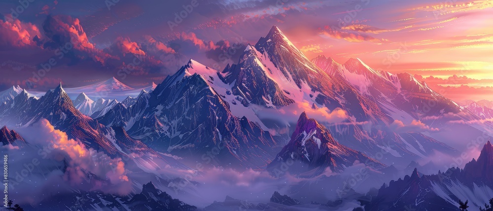 A dramatic view of mountains illuminated by the rising sun, casting pink and purple shadows.