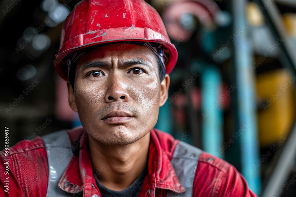 Thoughtful Construction Worker in Red Hard Hat at Worksite Thoughtful Construction Worker in Red Hard Hat at Worksite