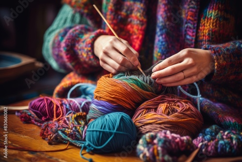 A woman’s hands knitting a scarf with colorful yarn in the foreground