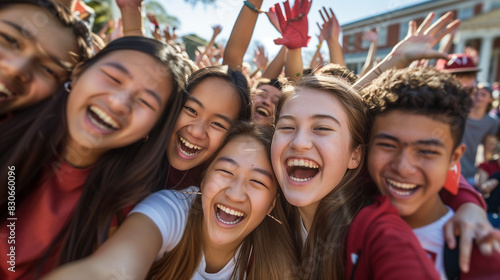 imagine Diverse group of young people celebrating estival day,  guys and girls hugging together outdoors - Multiracial trendy friends standing on a rainbow 