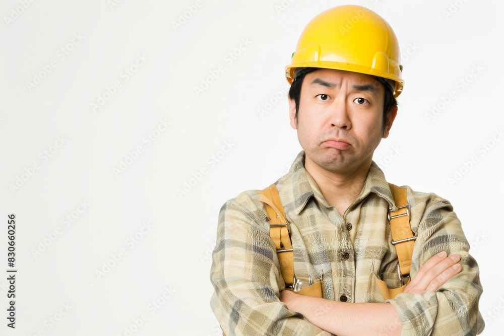 Displeased Asian Construction Worker with Arms Crossed Wearing Hard Hat Displeased Asian Construction Worker with Arms Crossed Wearing Hard Hat