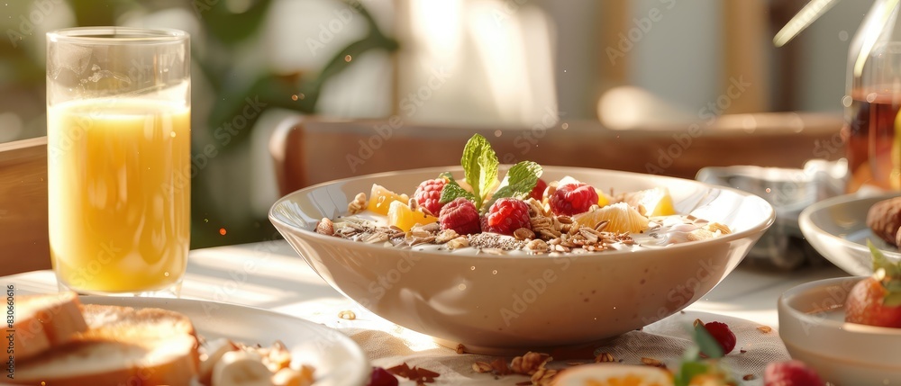 A vibrant breakfast spread featuring a bowl of fresh fruit slices including kiwi, banana, and orange, topped with nuts and seeds. A vibrant breakfast spread featuring a bowl of fresh fruit slices including kiwi, banana, and orange, topped with nuts and seeds.